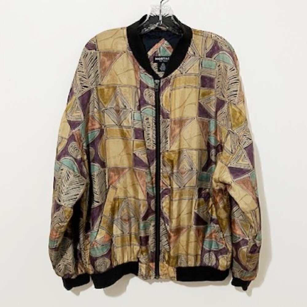 Vintage Montage Pour Homme Men's 100% Silk Bomber Jacket Geometric Print